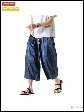 Linen Harem Capri Pants Loose Fit Yoga Beach Shorts Elastic Waist Wide Leg